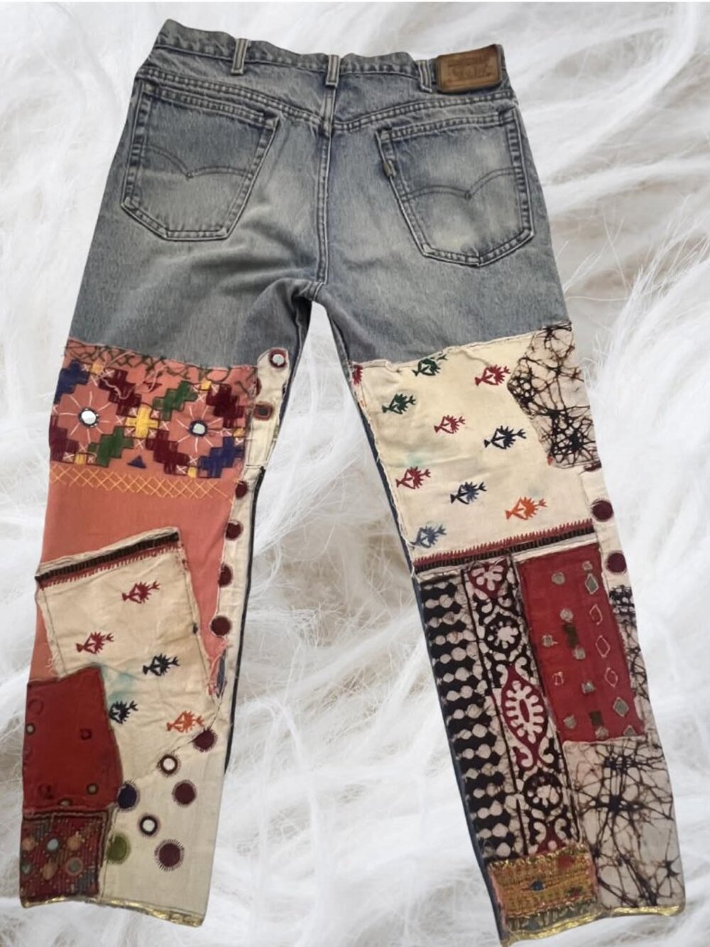 Original Vintage Boho Patchwork Women's Blue Denim Jeans / Wearable Art / s 12 - Picture 3 of 4